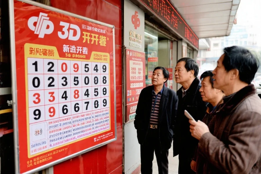 一张福彩3D开奖公告板,显示着最新开奖号码和相关信息,旁边有几位市民驻足观看